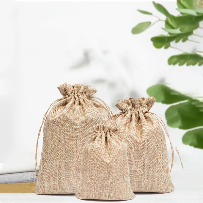 Sackleinen-Geschenktüten mit Kordelzug, Jutebeutel, Leinensäcke, Aufbewahrungsbeutel für Hochzeitsgeschenke, Party-Schmuckbeutel, 10 Stück – Detail 1