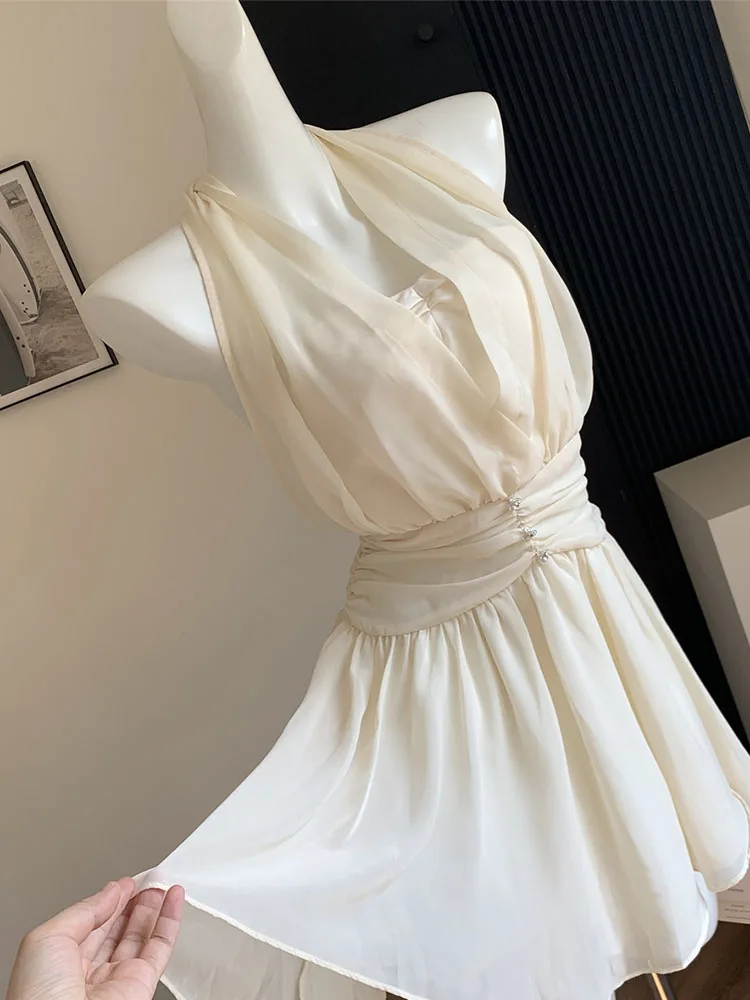 Fashion Elegant Women Fairy Dress Slim Wrapped Beige Prom Gown Diamonds Design Slim Robe Mori Girl Luxury Formal Occasion Tide