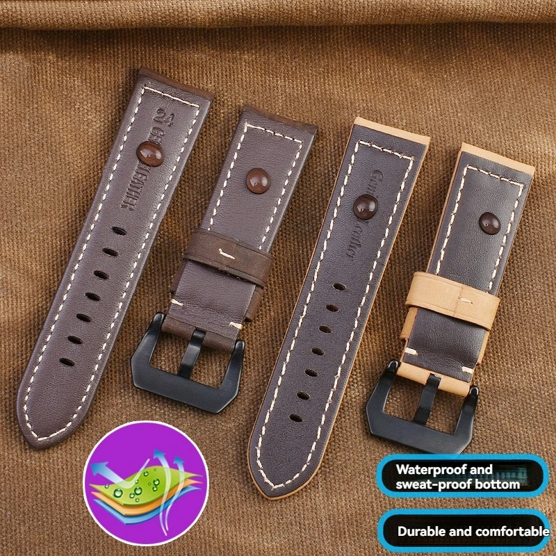 حزام من الجلد الطبيعي مصنوع يدويًا لبانيراي PAM 441/PAM 111/PAM 386, 20 مللي متر 22 مللي متر 24 مللي متر 26 مللي متر استبدال حزام ساعة رجالي فاخر