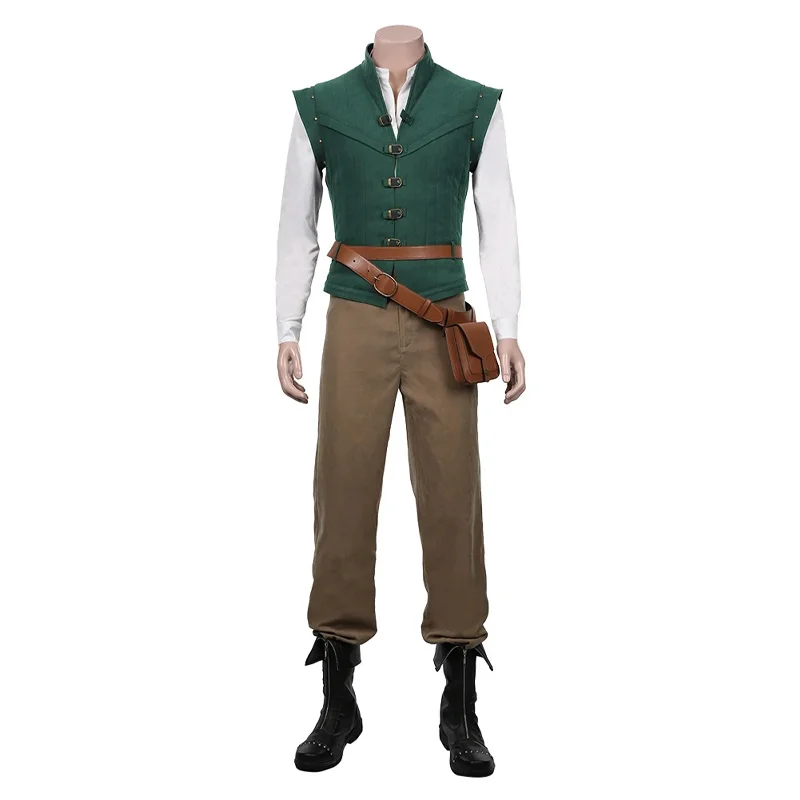 Picture 5: Flynn Rider Cosplay Costume Green Sleeveless Waistcoat Shirt Belt Bum Bag Khaki Trousers Glamorous Outfit Halloween Carnival