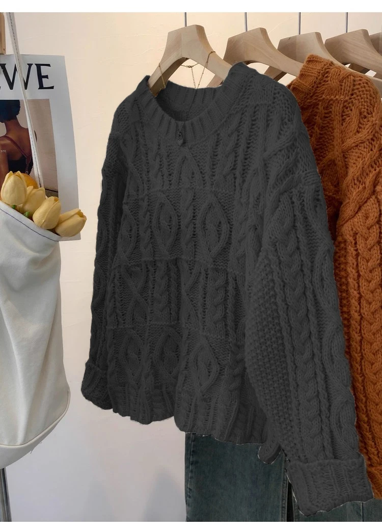 Maglione oversize lavorato a maglia grossa Pullover da donna Maglione girocollo lavorato a trecce allentato Maglione Teen-girl Granpa Style Y2K Outfit