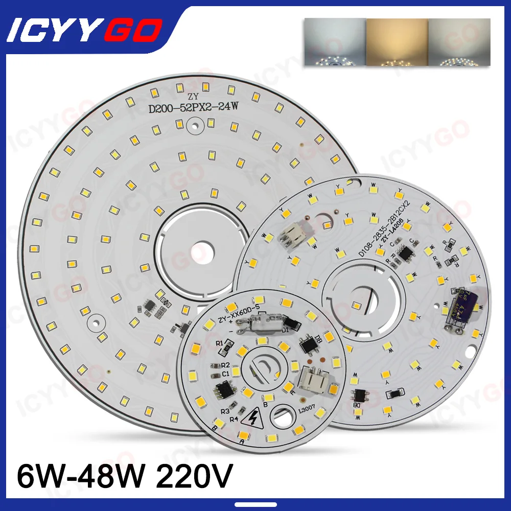Okrągły żyrandol LED Panel sufitowy 6W 12W 24W 36W 48W Trójkolorowe ściemnianie 220 Bez sterowników DIY PCB Płyta źródła światła