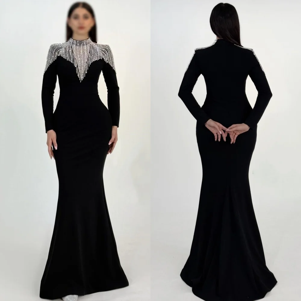 Sukienki na zamówienie w nowoczesnym, eleganckim stylu, z dżerseju, z dżetami, plisowane, o kroju syreny, z wysokim kołnierzem, długie, wysokiej jakości sukienki na specjalne okazje.