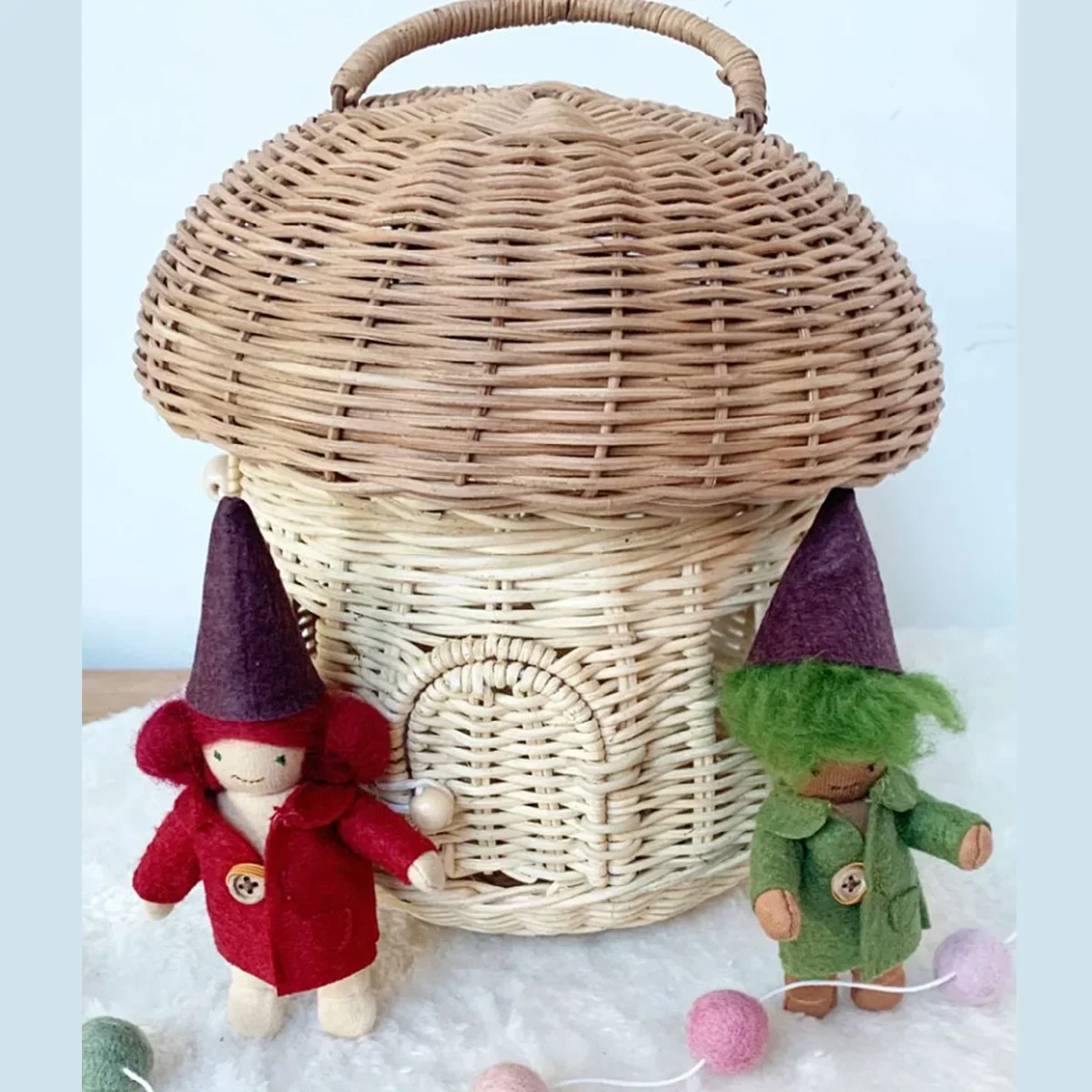 Rattan Tote Handmade Bag Woven Rattan Basket Mushroom Children Room Decoration Tote Toy Sundry Storage Bag Flower Girl Basket