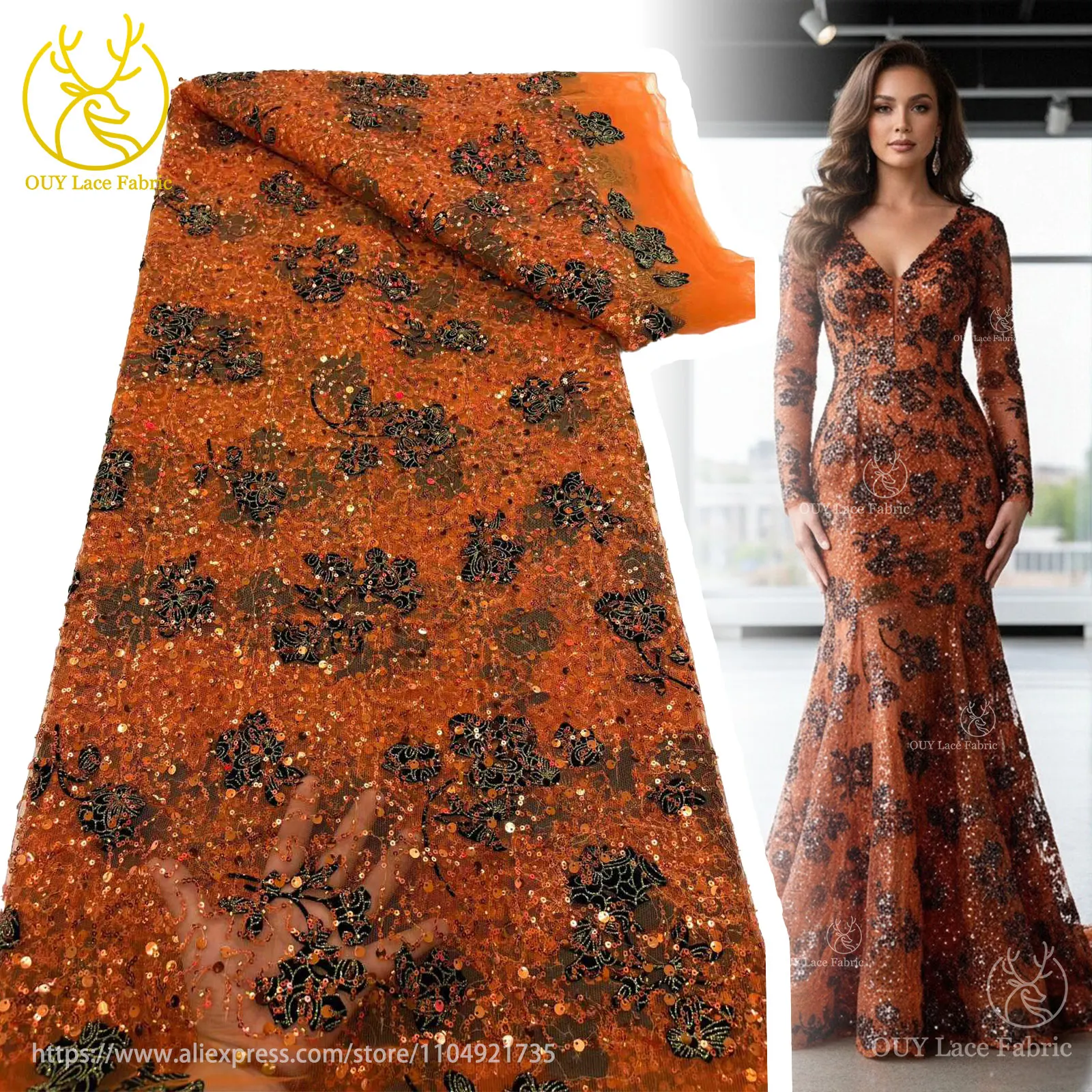 

African Sequin Lace Fabric 2025 High Quality Groom Embroidery French Nigerian Orange Tulle Lace Wedding Party Dress Material