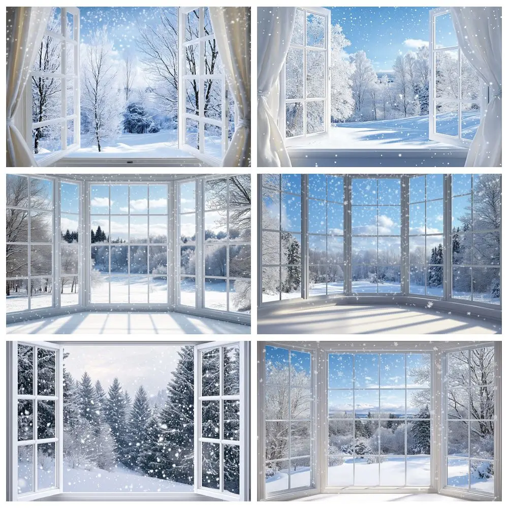 خلفية نافذة غابة الثلج الشتوية ، ديكور جداري لغرفة المعيشة ، خلفية تصوير صورة عائلية ، دعامة تصوير فوتوغرافي ، استوديو فوتوغرافي