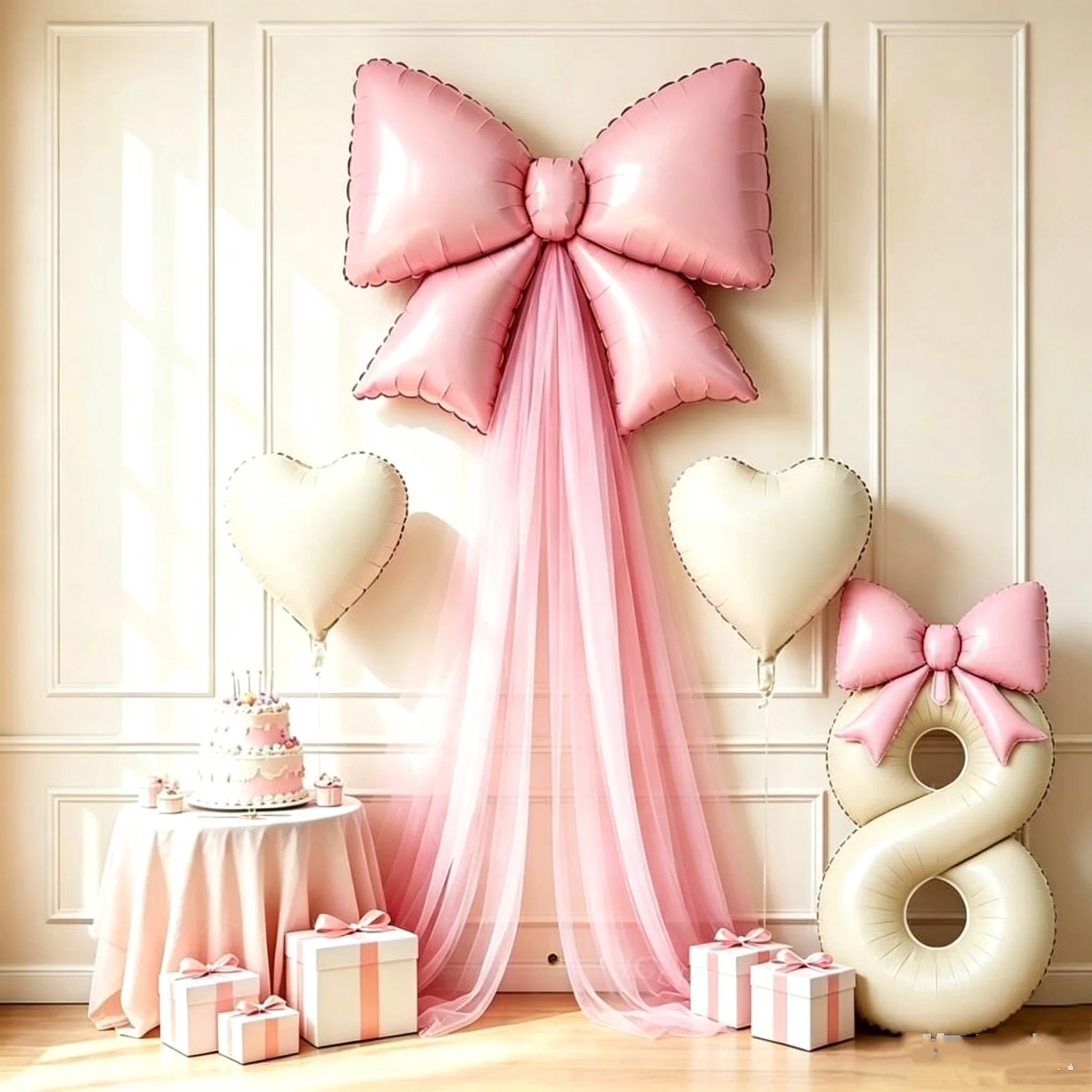 Romantischer großer Schleifen- und Zahlenballon aus Aluminiumfolie mit Chiffon-Set, für Hochzeiten, Verlobungen, Valentinstag, Geburtstagsfeier.