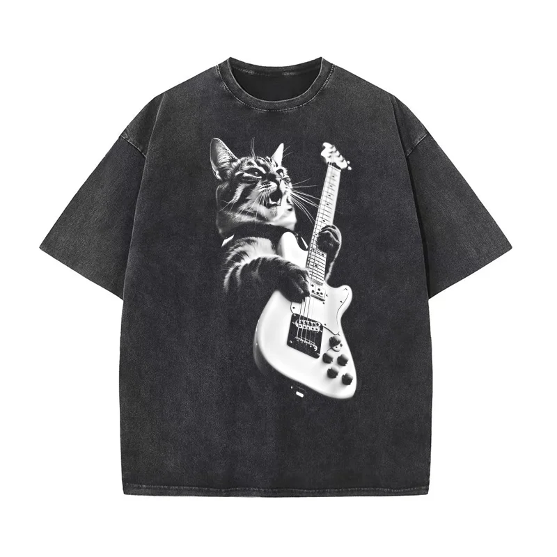 

Rock Cat Playing Guitar Funny Guitar Cat Pure Cotton T-shirt For Man Oversized Art Graphic Clothing Printed