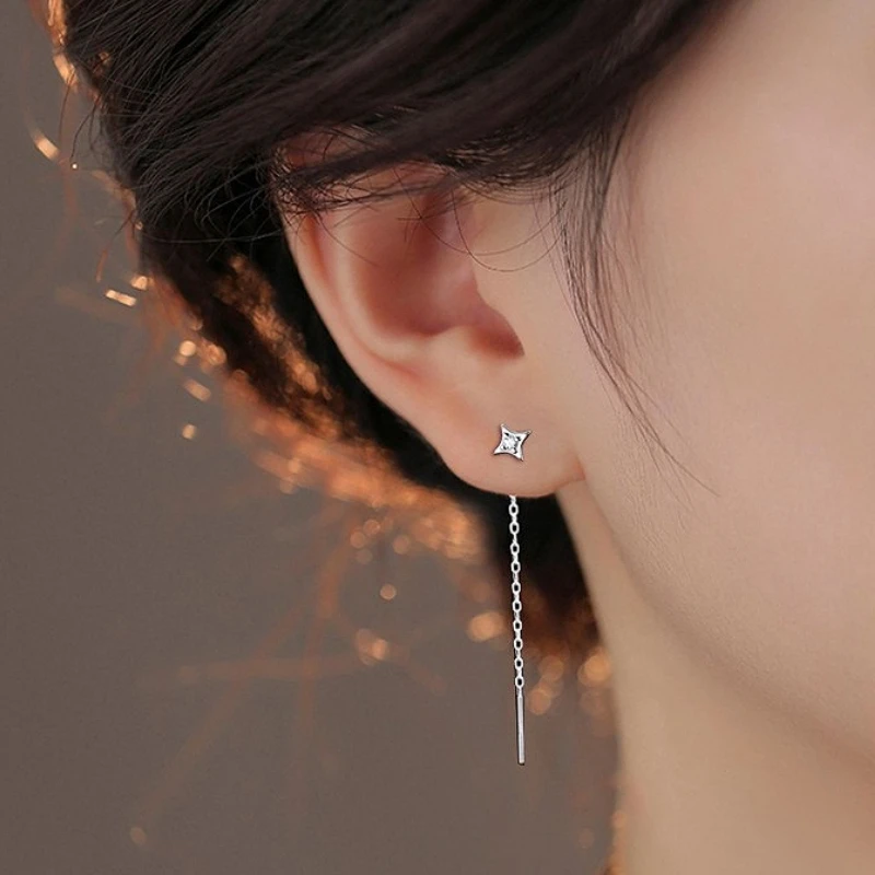 

MEETSOFT 925 Sterling Silver Four Pointed Star Zircon Luck Drop Earring for Women Fine Jewelry High Luxury Vintage Accessories