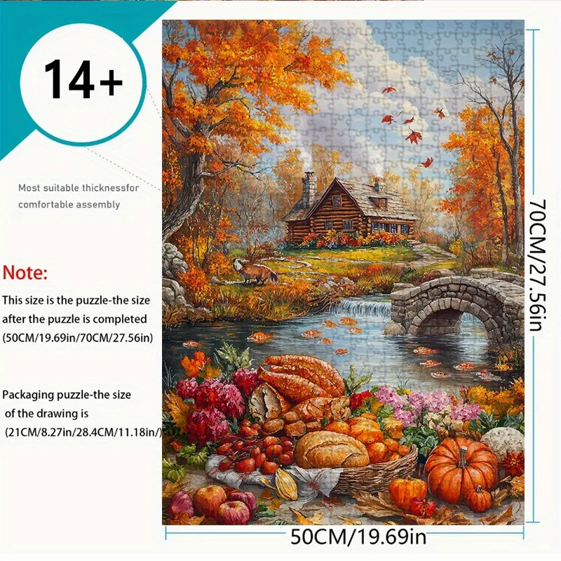 1000 قطعة من أحجية الصور المقطوعة للبالغين - كابينة سجل الخريف بواسطة نهر مع أوراق الخريف والقرع والتوت - دورا ممتازة مقاومة للخدش