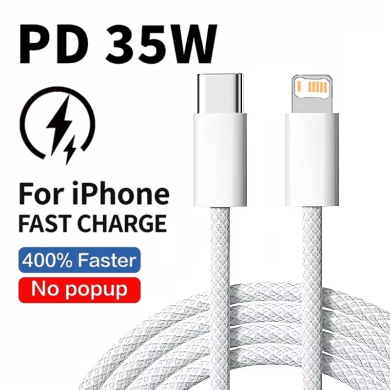 Kabel USB-C do szybkiego ładowania 35W z oplotem, kompatybilny z iPhone 13 14 Pro Max 11 12 mini X XR XS Max 7 8 Plus, kable do szybkiego ładowania i transmisji danych, 1m 2m