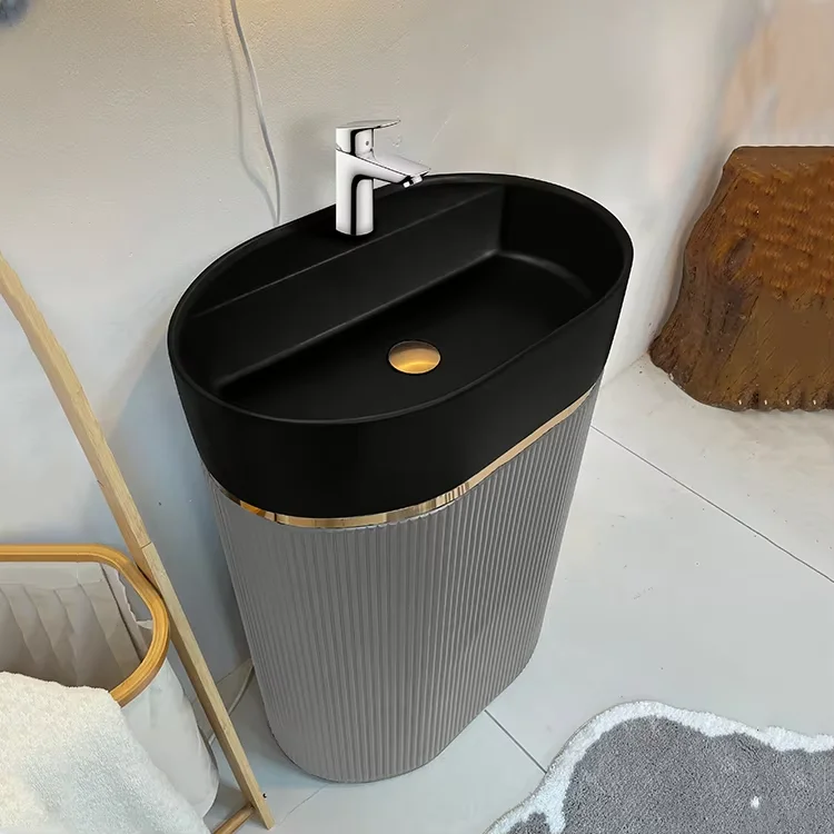 Modern design vertical gilded bathroom basin integrated column type independent artificial stone sink