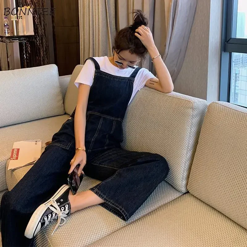 Jumpsuits Women Wide Leg Denim High Quality Korean Style Daily New Washed Overalls Simple Big Pockets Solid All-match Navy Chic