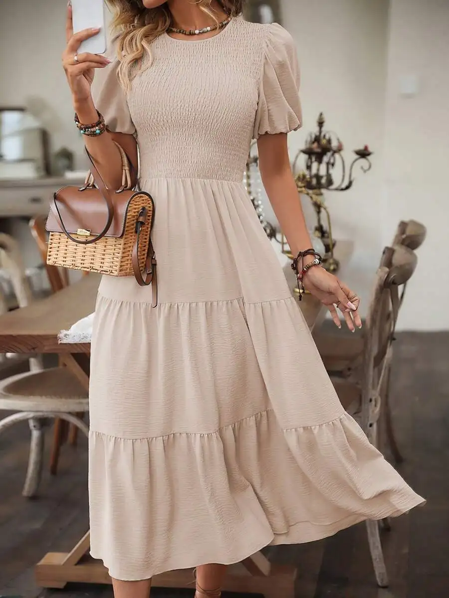 

Puff Sleeve Ruffle Hem Midi Dress For Women Casual Beach Vacation Outfit