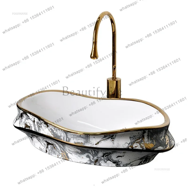Wave Shaped Irregular Bathroom Sinks Countertop Sink Light Luxury Ceramic Single Basin Home Balcony Washbasin Bathroom Fixture B