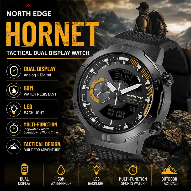 

NORTH EDGE 2026 HORNET Men's Digital Watch Running Cycling Sports Watches Waterproof 50M World Time Speed Illuminator Wristwatch