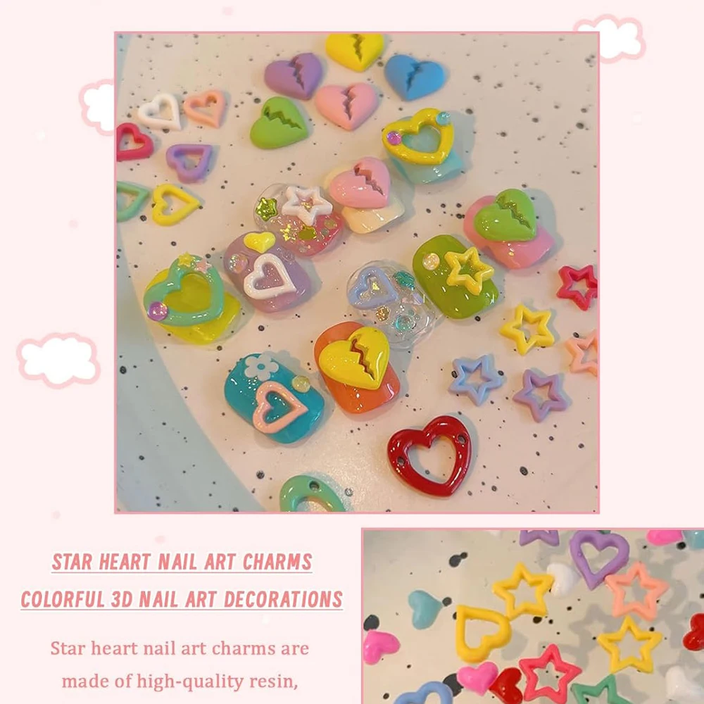 50個入り マカロン ホロースター＆ハート ネイルチャーム ドーパミンミックスカラー レジンネイルアートアクセサリー マニキュアクラフト ジュエリー製作用