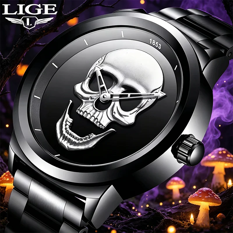 Men's Quartz Watch Black and Gold Dial 3D Skull Head Pattern Stainless Steel Steampunk Rock Engraved Men's Watch Halloween Gifts