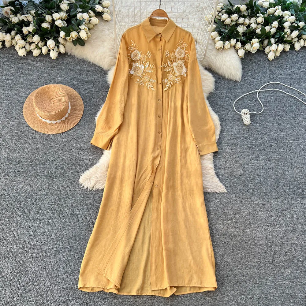 Damen-Maxikleid mit Revers, Einreiher, Stickerei-Dekor, Langen Ärmeln, Lockerem Schnitt, Schlanker Passform, Bequem, Vielseitig, für Alltag und Büro