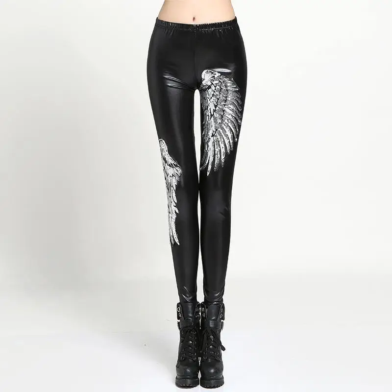 Black Faux Leather Tight Fit Nine Point Pants Women's Base Layer Pants Autumn Winter New Style Sparkling Feather Matte Finish