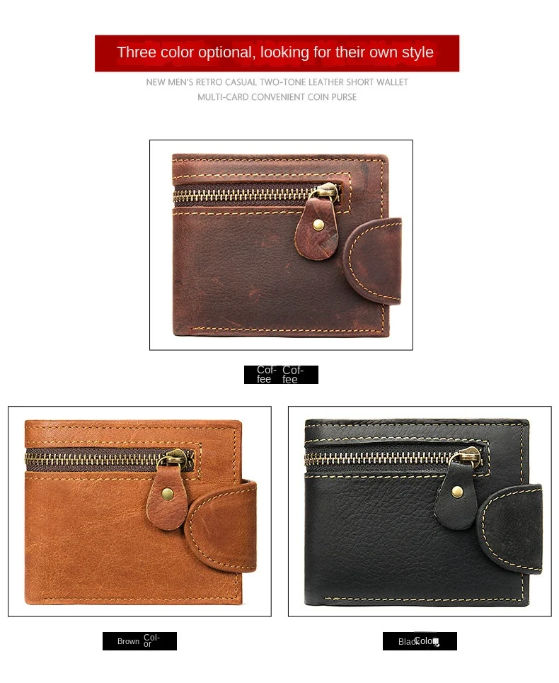Kurze Geldbörse aus Crazy Horse-Leder für Herren, echtes Leder, Schnallen-Geldbörse, Vintage-Geldbörse aus Rindsleder, Kartenhalter, Multi-Karten-Geldbörse – Detail 5