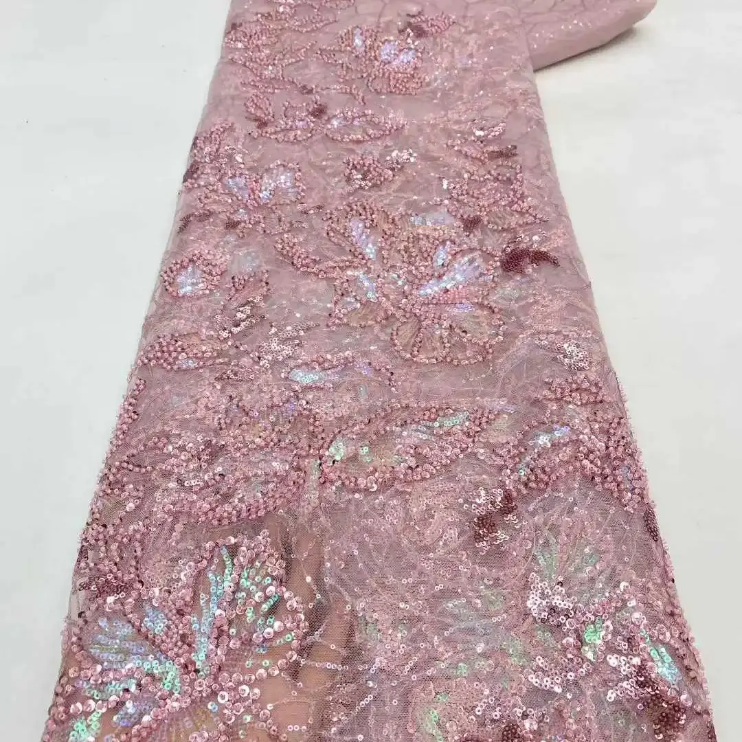 

Luxury African Sequin Beaded Lace Fabric 2025 High Quality Groom Nigerian Wedding Bridal Embroidery French Tulle Sewing
