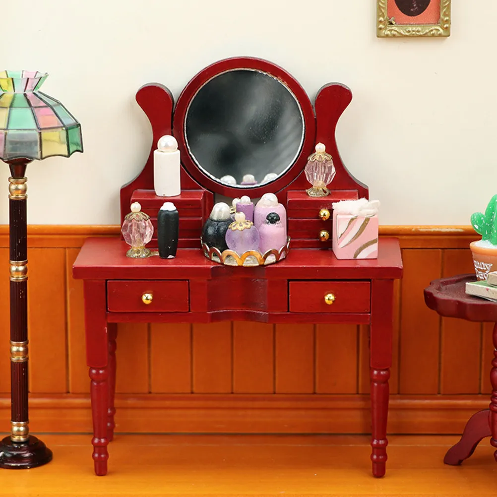 

Realistic Wooden Mini Dressing Table with Mirror for Mini House Interiors Elegant Small House Furniture Decor Detail Enhancement