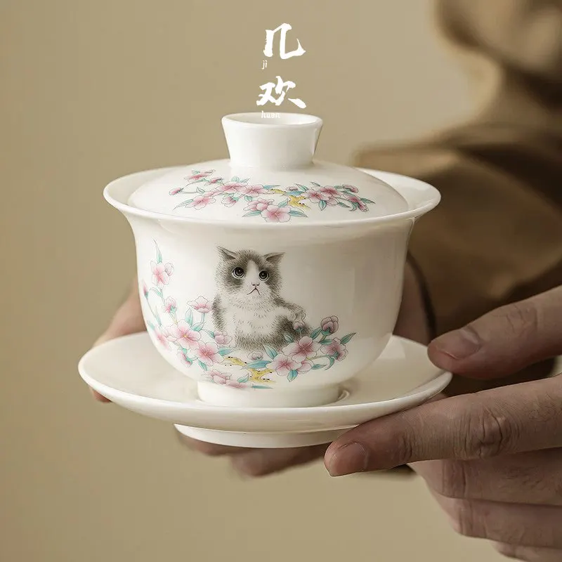 

White Jade Ceramic Lidded Bowl San Cai Cup with Cover Good-looking Non-Scald Rock Tea Brewing Household Kung Fu Set