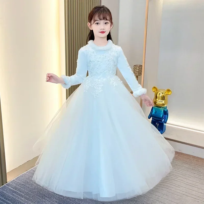 Fashion Children Evening Dresses Mesh Lace Long Sleeve Warm Girls Princess Dress Winter Kids Bridesmaid Dresses 4-14 Years