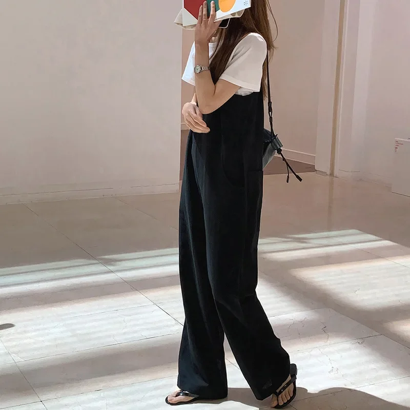 Korean Simple Linen Cotton Overalls Women'S Spring And Summer Newly Loose Casual Suspender Rompers Straight Leg Pants Jumpsuit