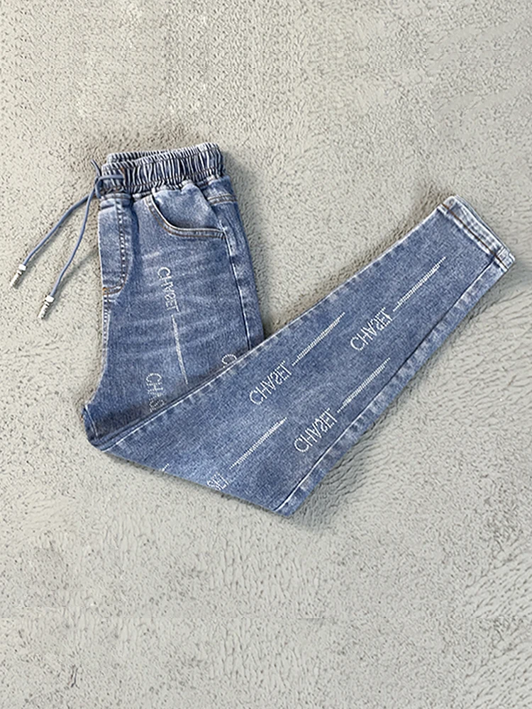 

Women's Elastic Waist Harlan Jeans Fashionable Slimming Skinny Cotton Stretch Denim Pants Casual Style Rhinestone Embellished