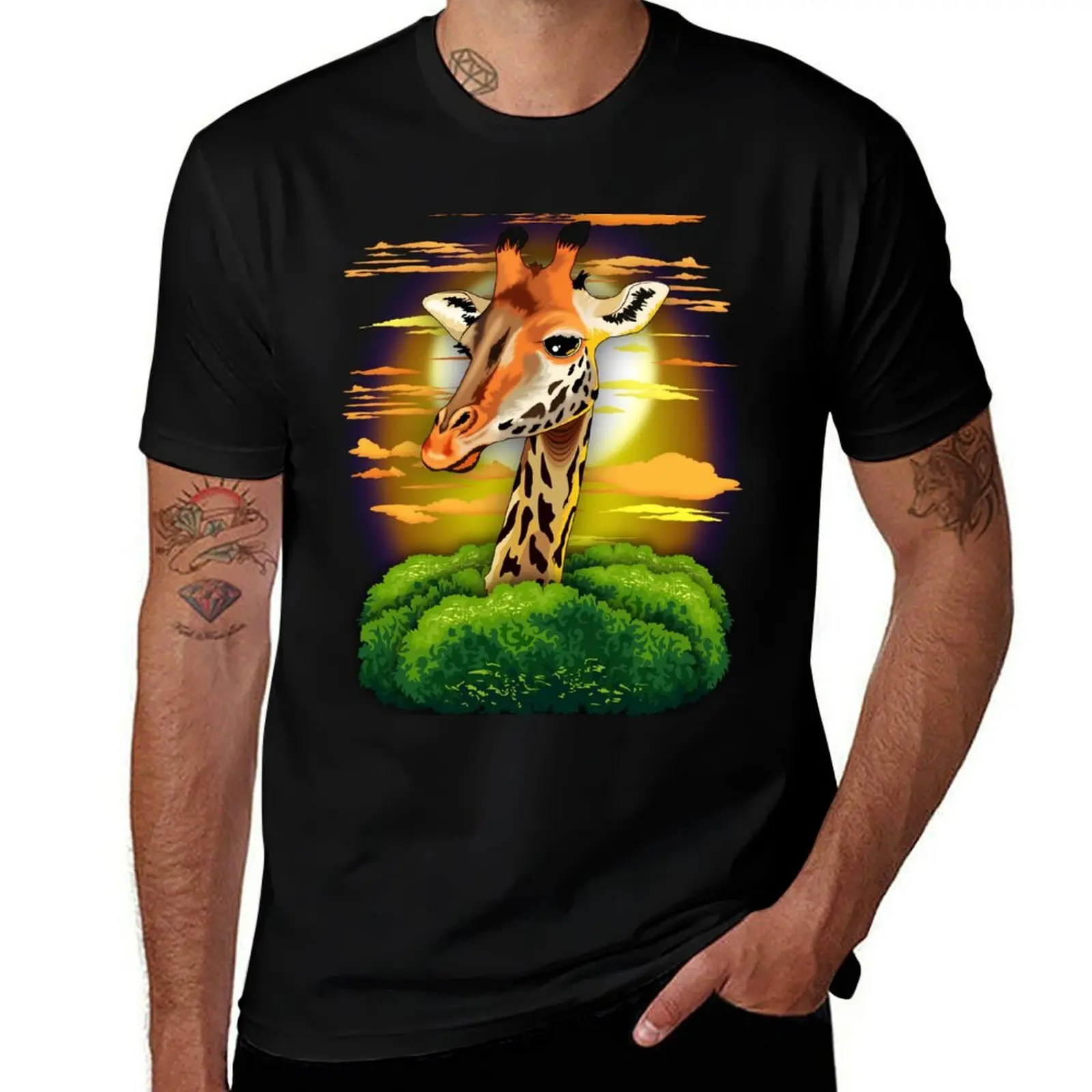 

Giraffe on Wild African Savanna Sunset T-Shirt Big Size Loose Fit Tee Shirt