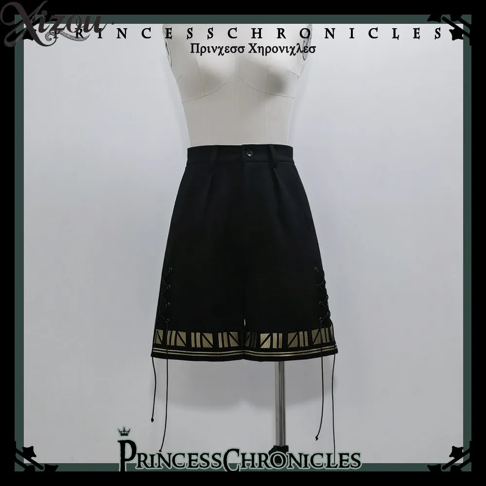 Ouji Lolita Shorts Black Egypt Style Gold Embroidery Trim Side Lace‑Up Straight Leg Gothic Vintage Prince Short Pants Women 2026