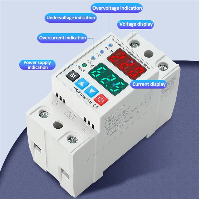 A74E-Protective Device Protector Relay 63A AC130-300V Din Rail Dual Display Adjustable Over Voltage Current Under Voltage