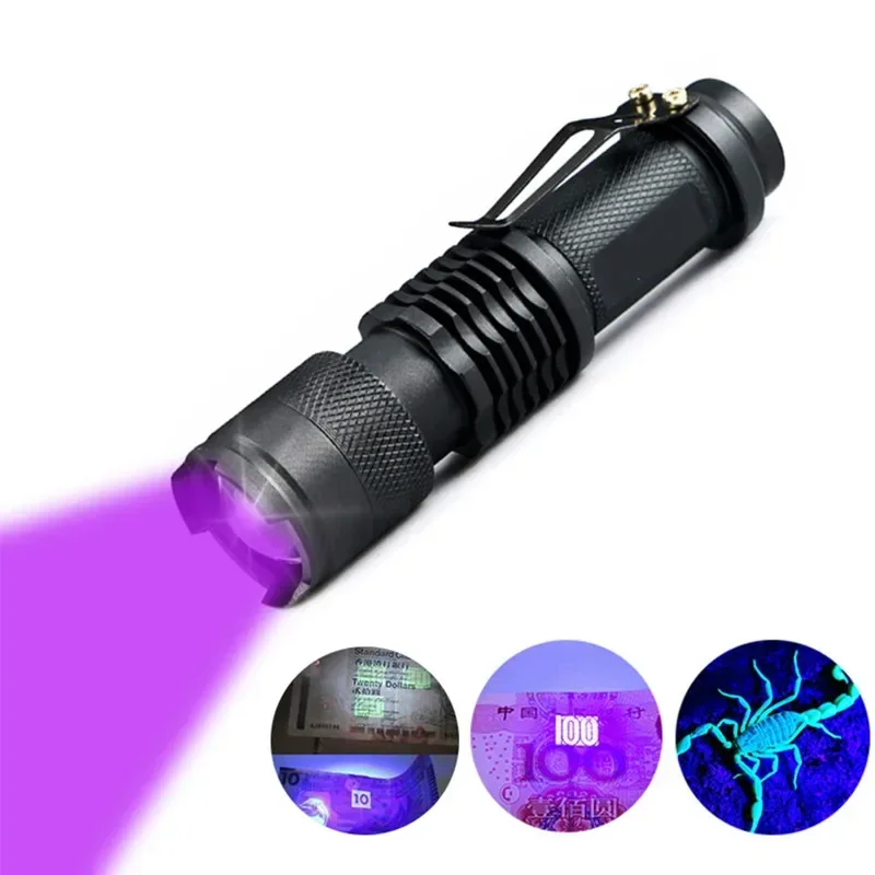 LED UV Flashlight Ultraviolet Torch W/ Zoom Function Mini UV 365nm/395nm Black Light Pet Urine Stains Detector Scorpion Hunting