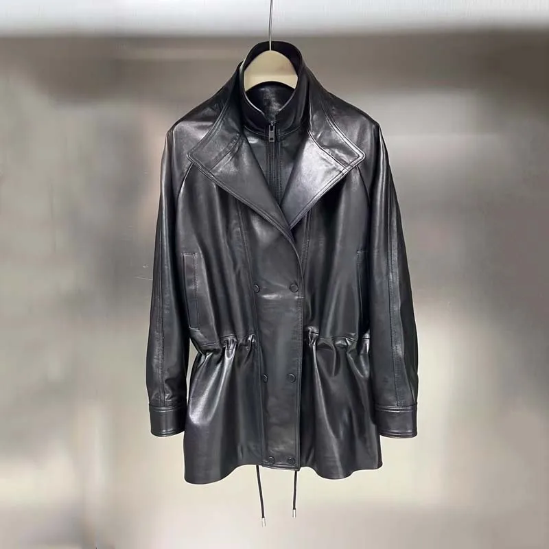 

genuine leather jacket regular length women coat spring Pleated Waist style Double lapel design natural real sheepskin