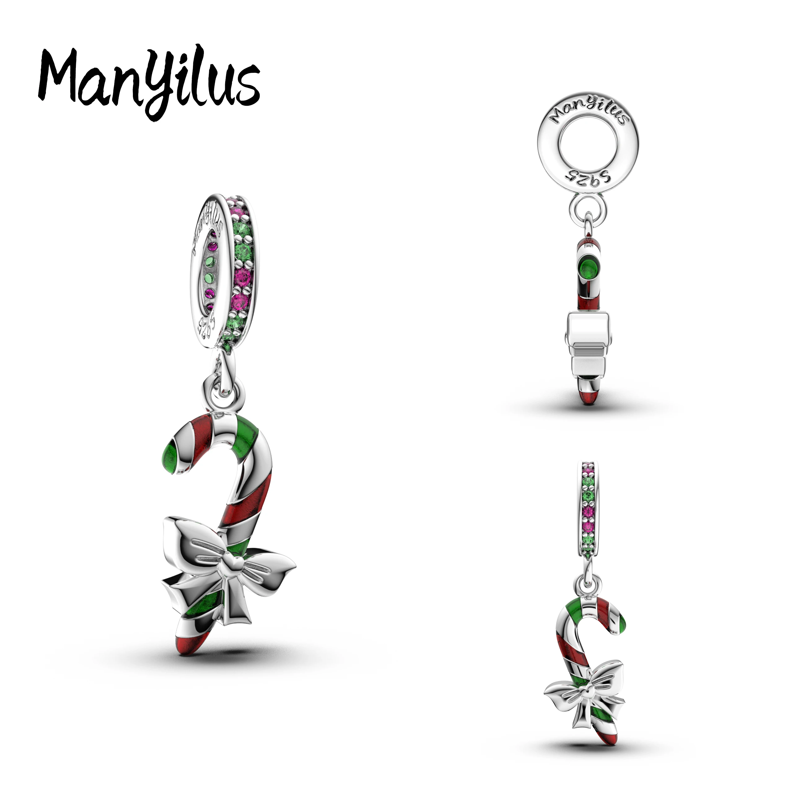 Manyilus Candy Cane Charm, 925 Sterling Silver Christmas Jewelry Pendant for Original Bracelet, DIY Sweet & Festive Holiday Gift