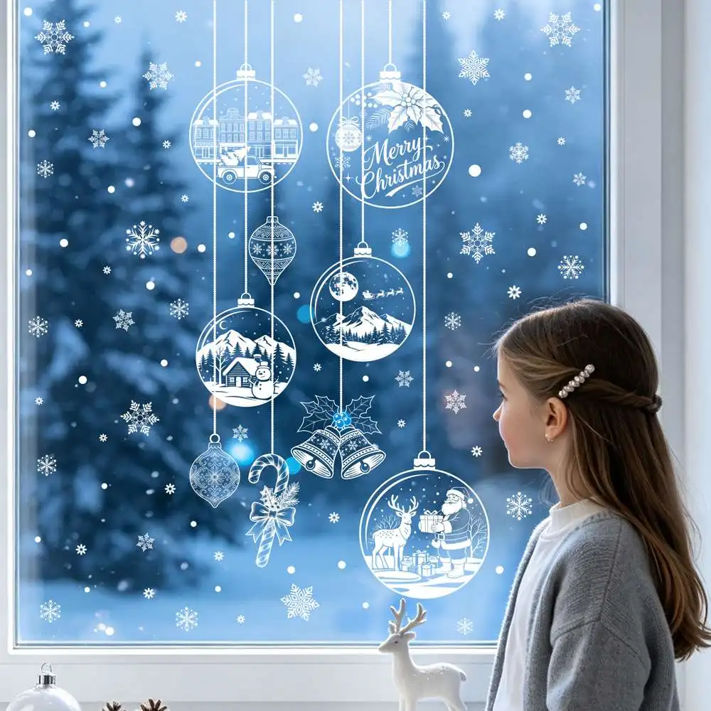 Christmas Creative Hanging Ball Glass Electrostatic Sticker with Candy Stick Snowman And Snow House Design for Holiday Decor