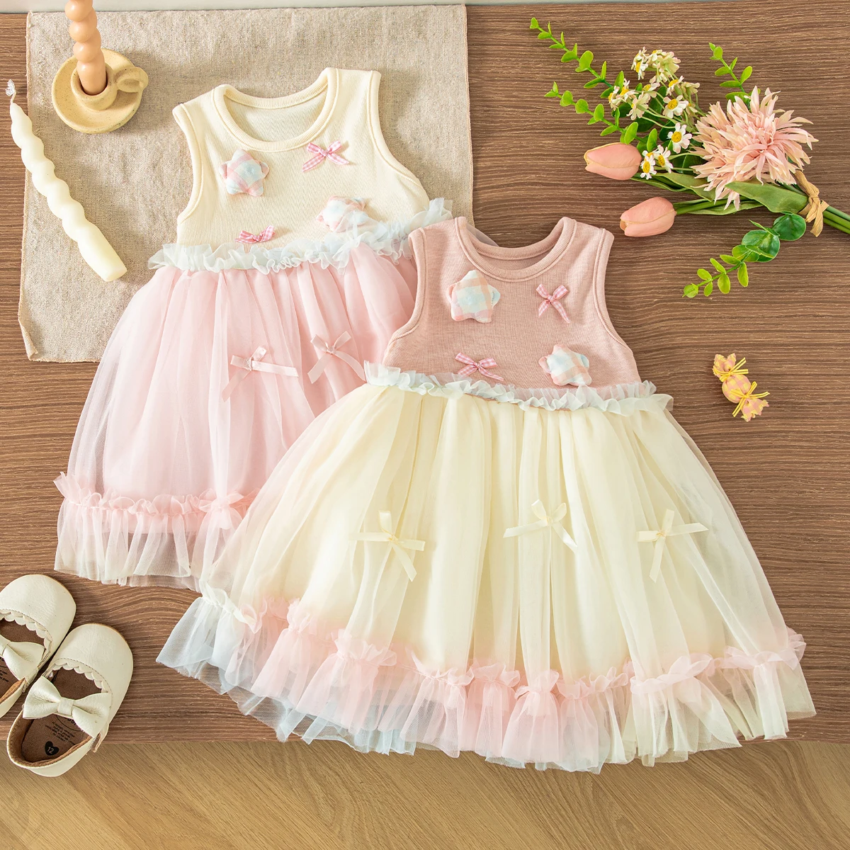 

Летнее платье для девочки с градиентным переходом цвета, бантом и прозрачными вставками, без рукавов, в стиле принцессы, повседневное, милое, для малышек