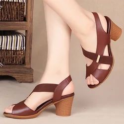 Sandalias con plataforma redonda y tacón medio para mujer, zapatos informales de piel sintética con punta abierta, a la moda, para playa, Verano