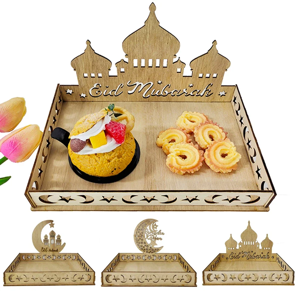 Ramadan Holztablett Eid Mubarak Kuchen- und Gebäcktablett Holzteller Eid Mubarak Dekoration Muslimische Eid-Party Tischdekoration 2026