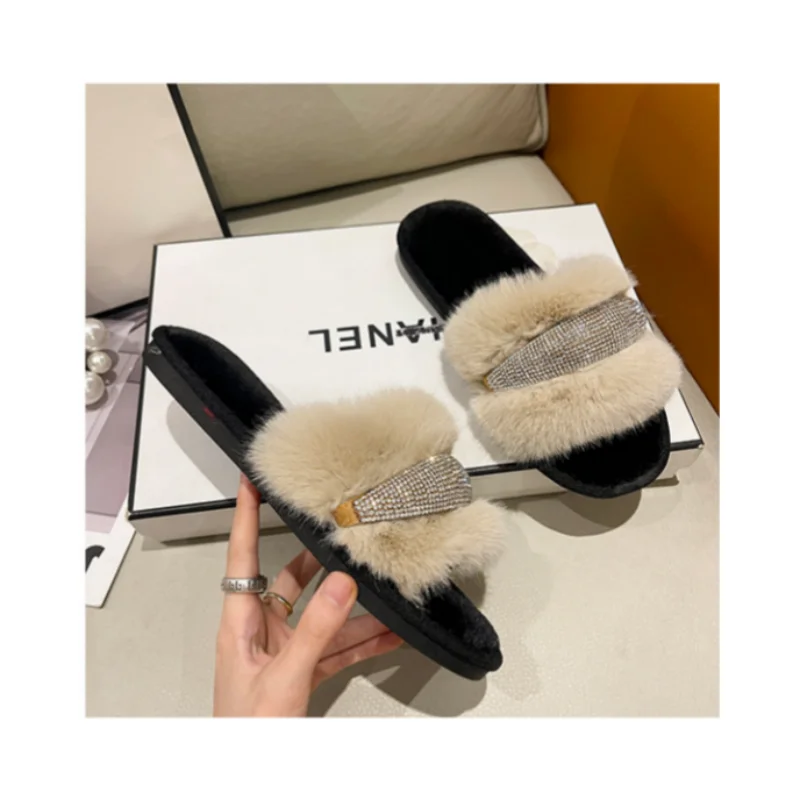 Diamond Inlaid Flat Bottomed 2023Winter Slippers Women\'S Fashion Casual Flat Fur Slippers Ladies Shoes Sapatos Feminino Chanclas