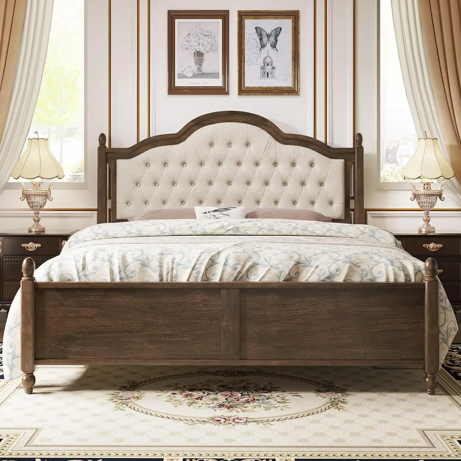 Solid Wood Bed Frame with Linen Upholstered Headboard, Queen Size Wood Platform Bed with Wood Slats, No Box Spring Needed