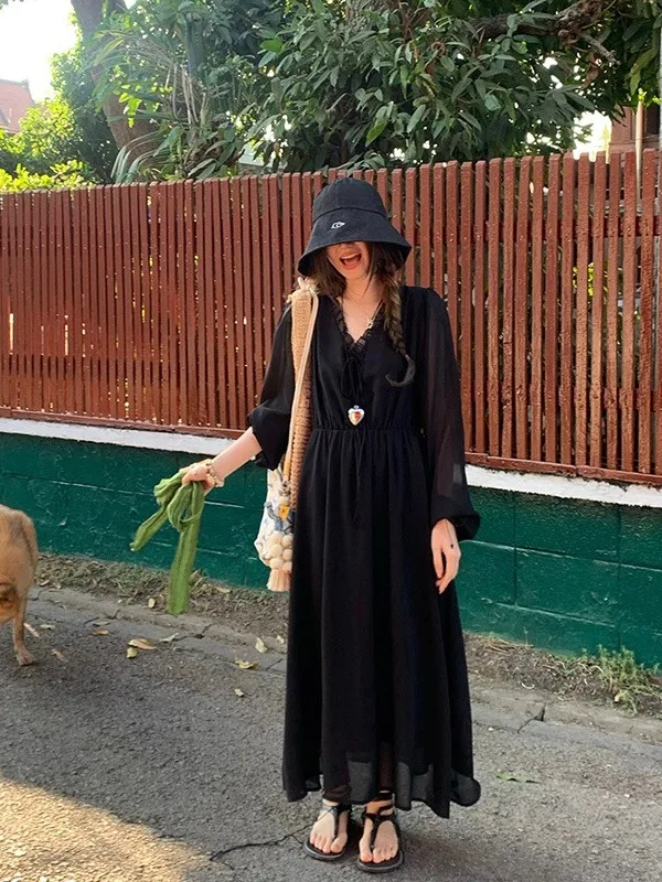 

plus Size Women's Hepburn Sle Long Sve V-Ne Gown with Wood ain High Waist Spring Summer New Casual Long Dr