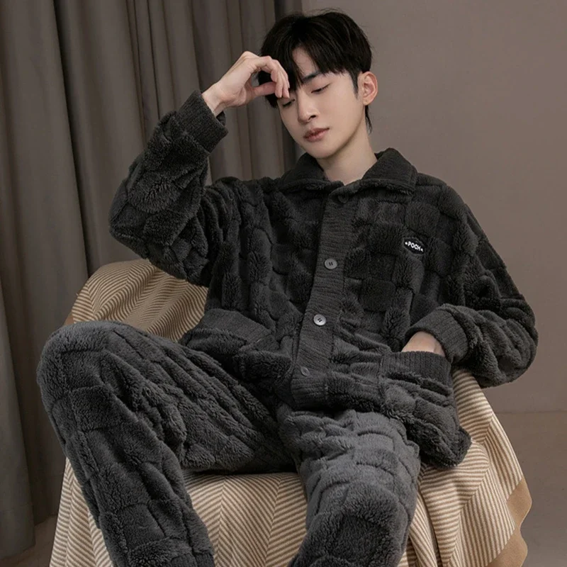 2Pcs/set men\'s pajamas autumn and winter padded and thickened warm long-sleeved trousers coral fleece homewear men\'s clothing