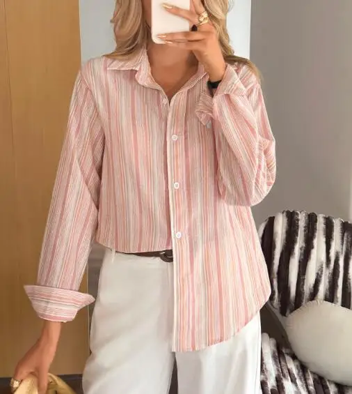 

Women's High-End Striped Button-Up Long Sleeve Shirt Elegant Temperament Fashion for Autumn Winter 2025 New Arrival