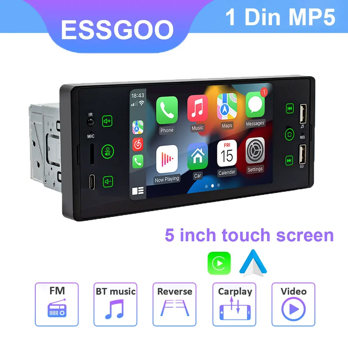 ESSGOO 5“ Car Radio Wired Carplay Android Auto 1 Din Multimedia Player HD Touch Screen Bluetooth MirrorLink Universal Auto F150C