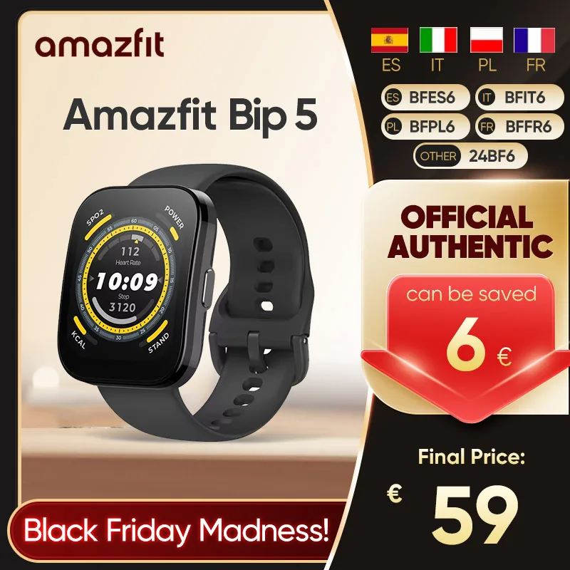 Amazfit Bip 5 Smartwatch BT 5.0 1.91'' LCD Touchscreen 10 Days Battery Life 120+ Sport Modes Bluetooth Call Download APPs GPS