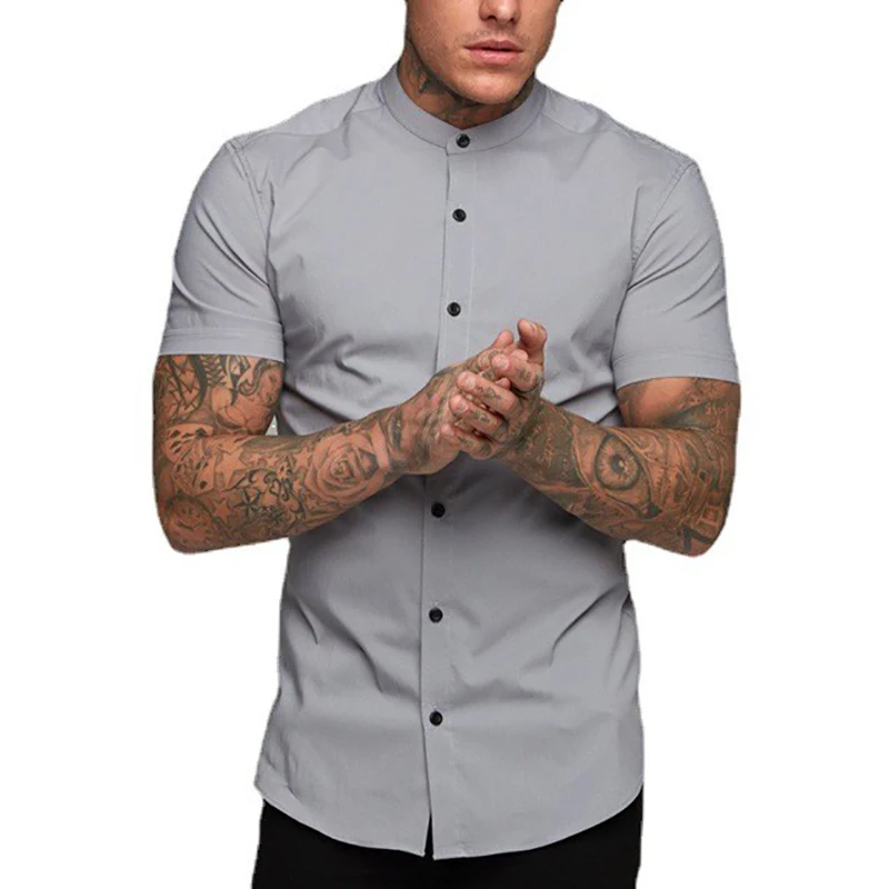 New Fashion Summer Casual Short Sleeve Shirt Men Stand Collar Super Slim Fit Business Dress Shirt Mens Button Gym Fitness Tops