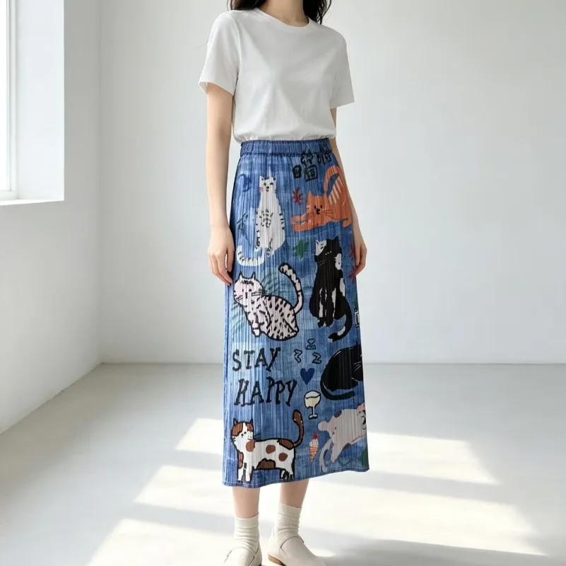 Miyake Pleated 2026 Summer New Original Digital Print Fashion Pleated Straight Slim Fit Casual Elegant Versatile Skirt Pleat